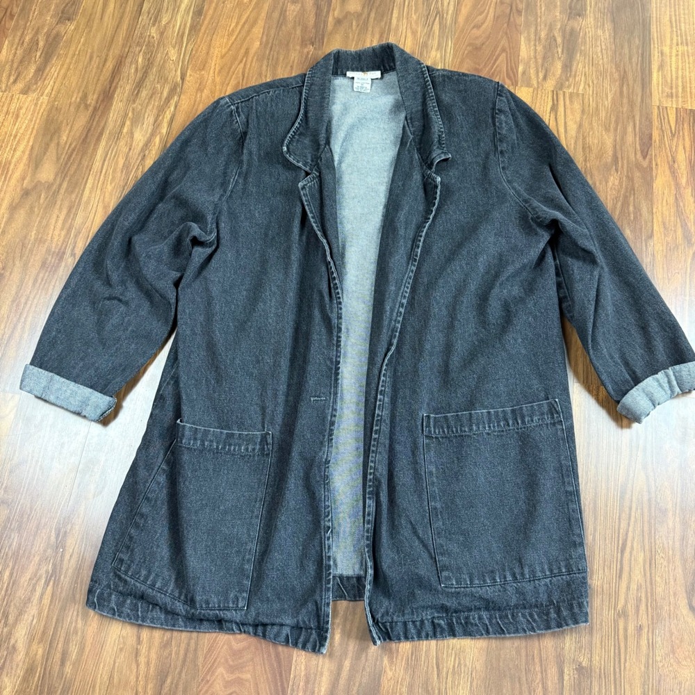 Vtg 80's Black Denim Light Coat Jacket Oversized Medium Hunters Run Shoulder Pad